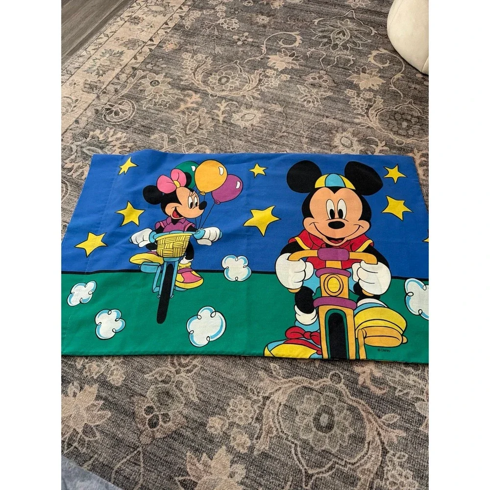 Disney Mickey & Minnie Mouse Standard Pillowcase Blue & Green Bike Vintage